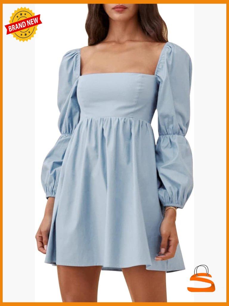 Square Neck A-Line Mini Dress With Puff Sleeves Smocked Back